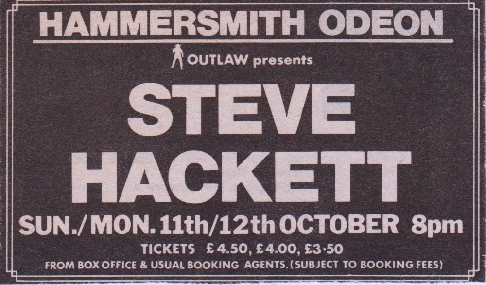 Steve Hackett Hammersmith Odeon gig advert 11th Oct The Genesis Archive