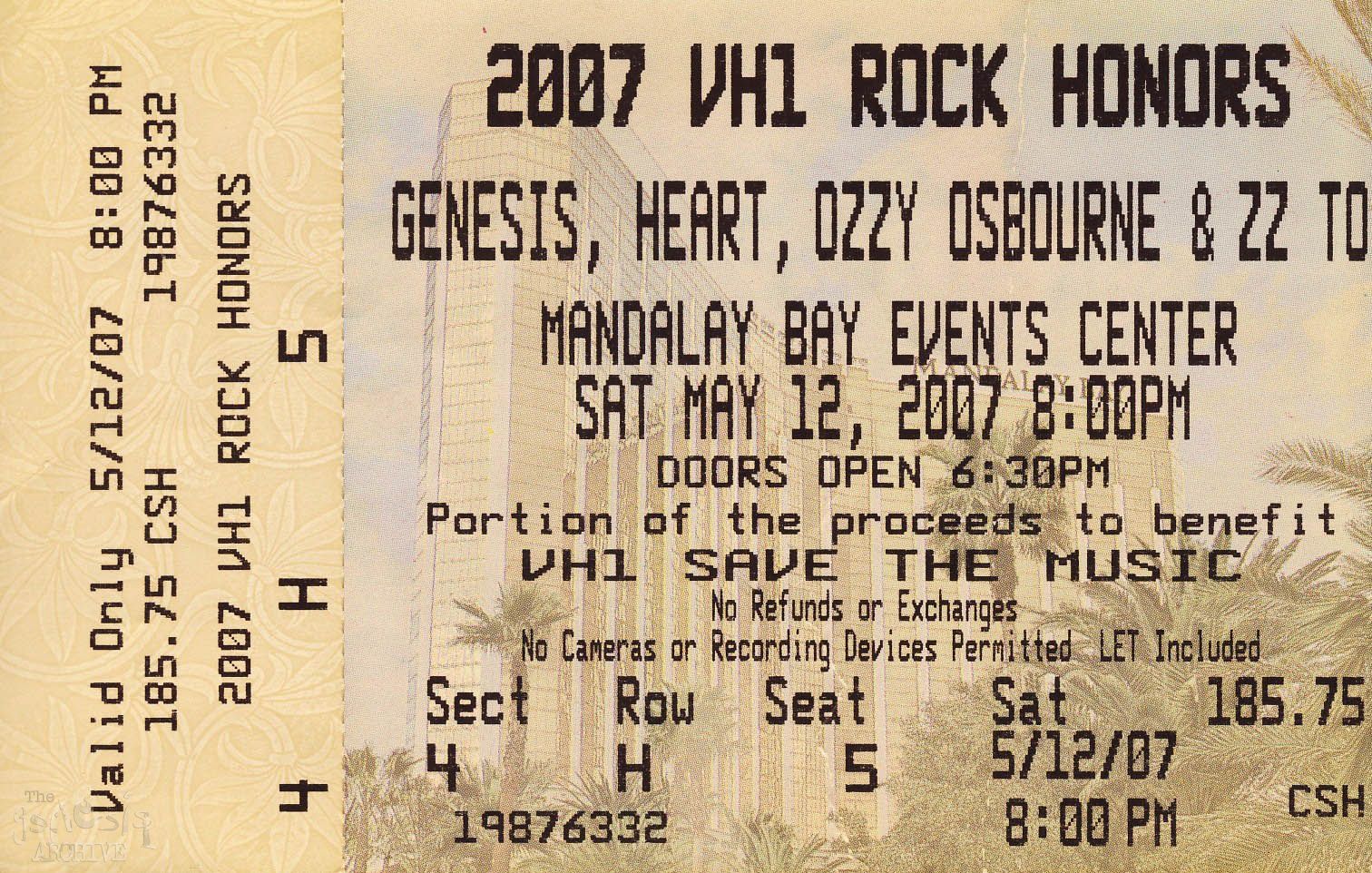 A ticket for the show The VH1 Rock Honours held at the Mandalay Bay Centre ...