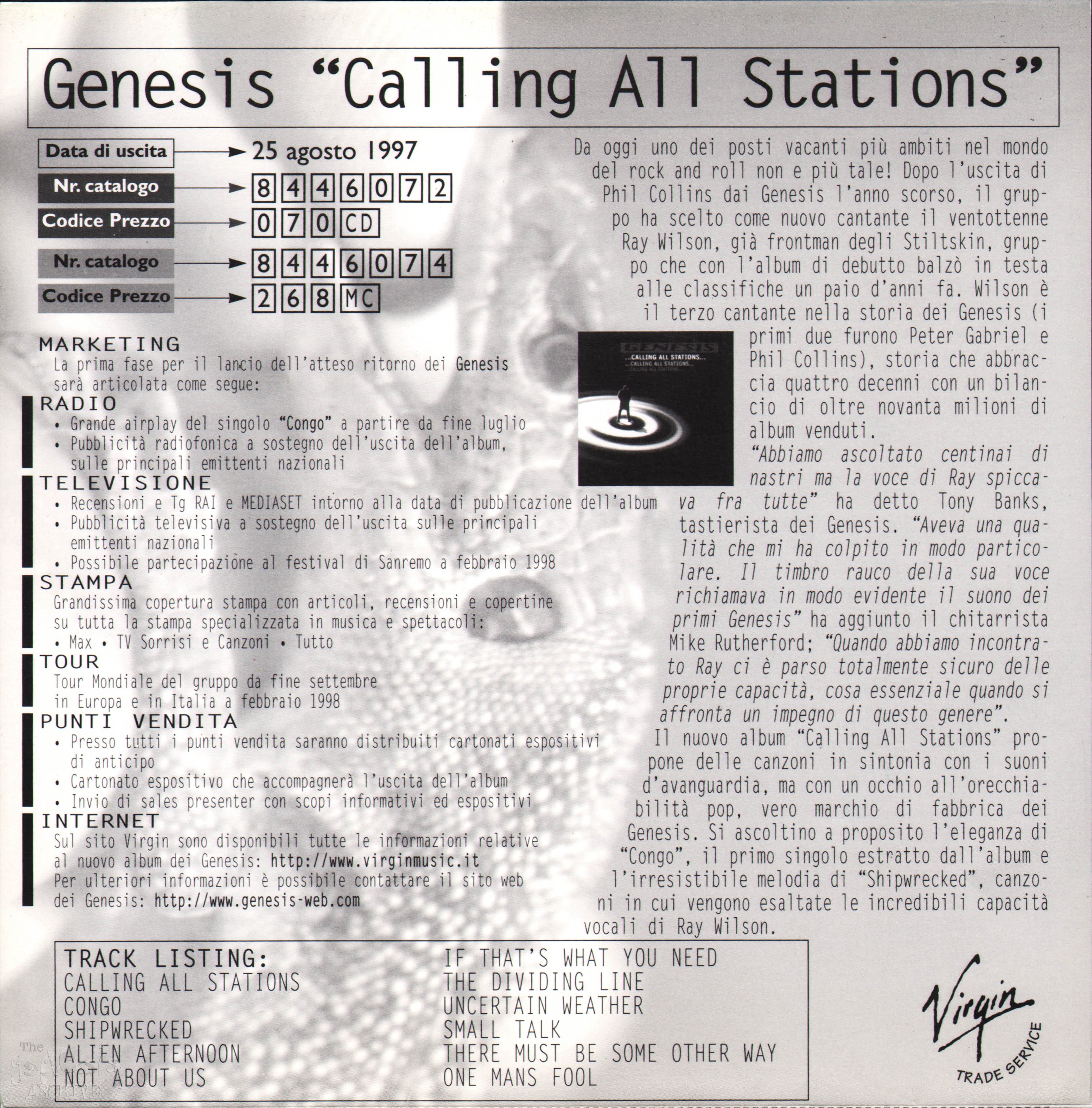 Press kit Genesis Calling All Stations Album launch 26th August The Genesis Archive