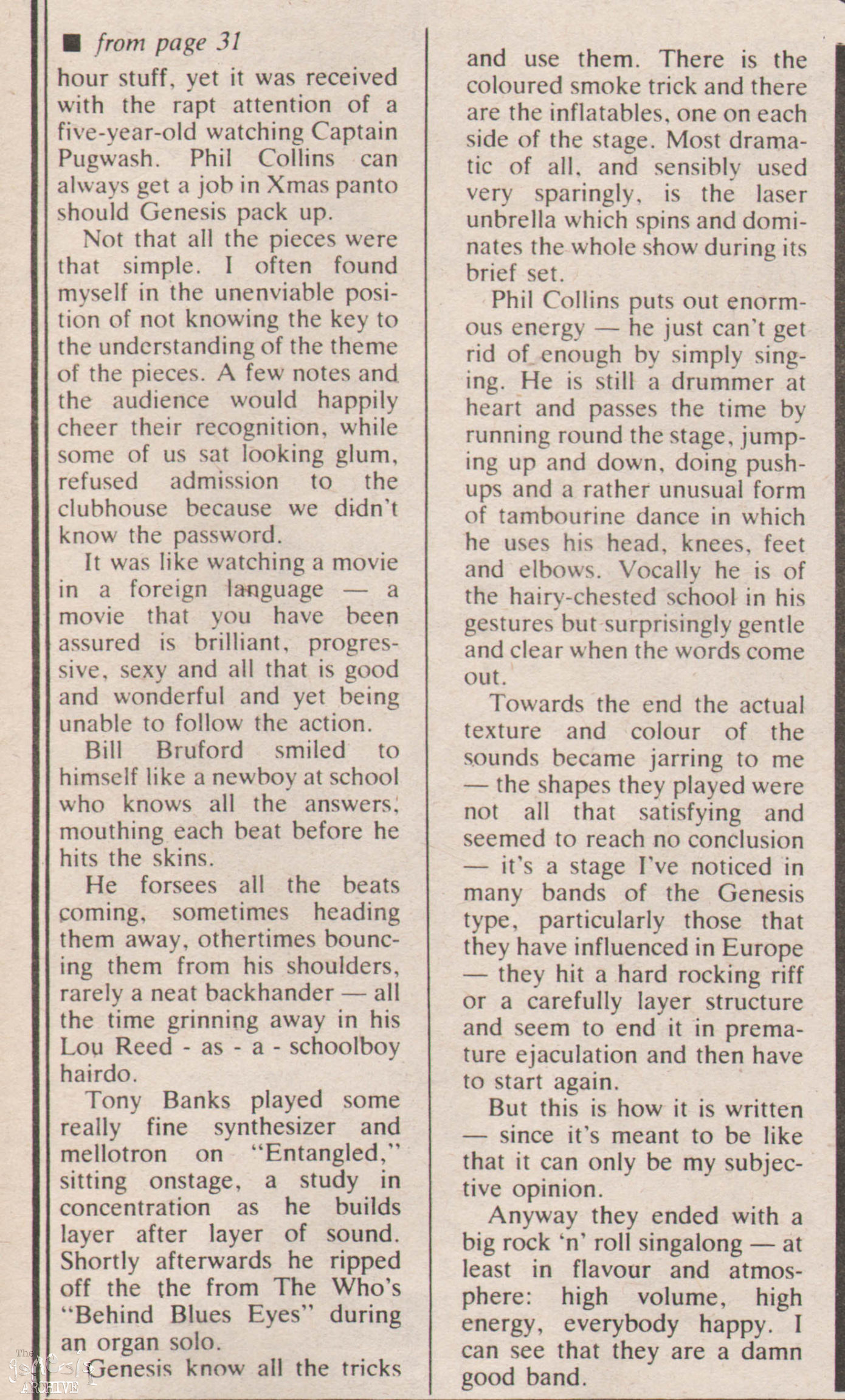 Gig review Genesis Hammersmith Odeon review NME 19th June The Genesis Archive