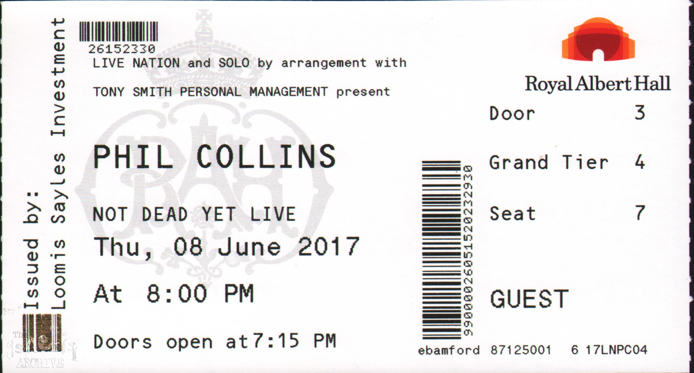 Ticket PC The Royal Albert Hall London 8th June The Genesis Archive