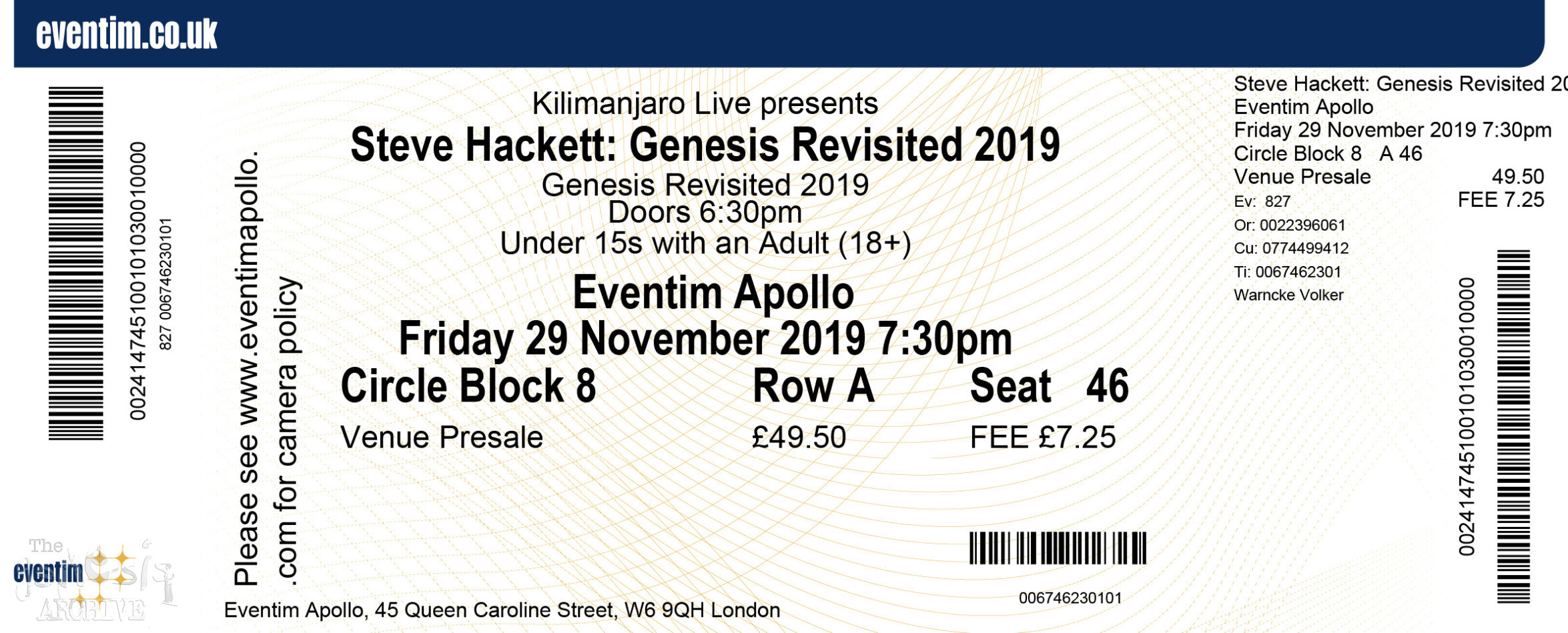 Ticket SH Eventim Apollo London 29th November The Genesis Archive