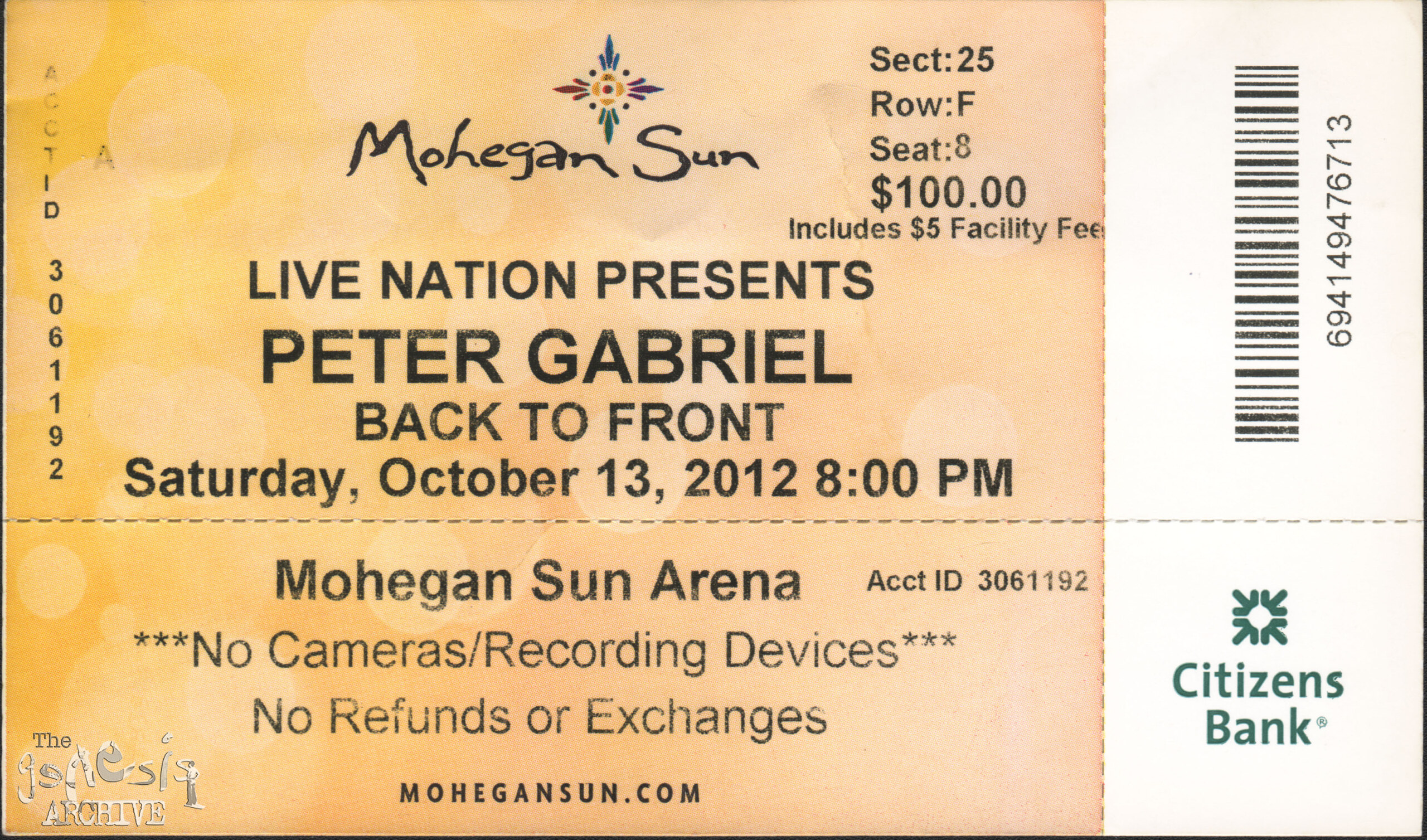 Ticket PG Mohegan Sun Uncasville 13th October The Genesis Archive