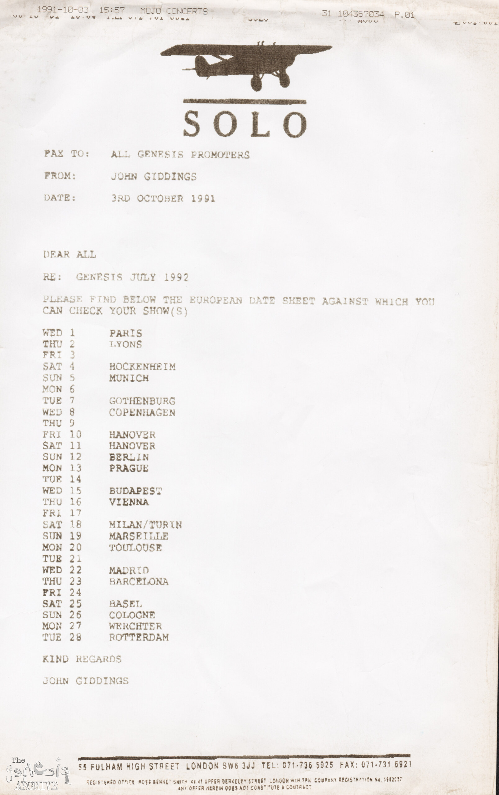 Tour document Genesis Proposed tour dates We Can’t Dance tour