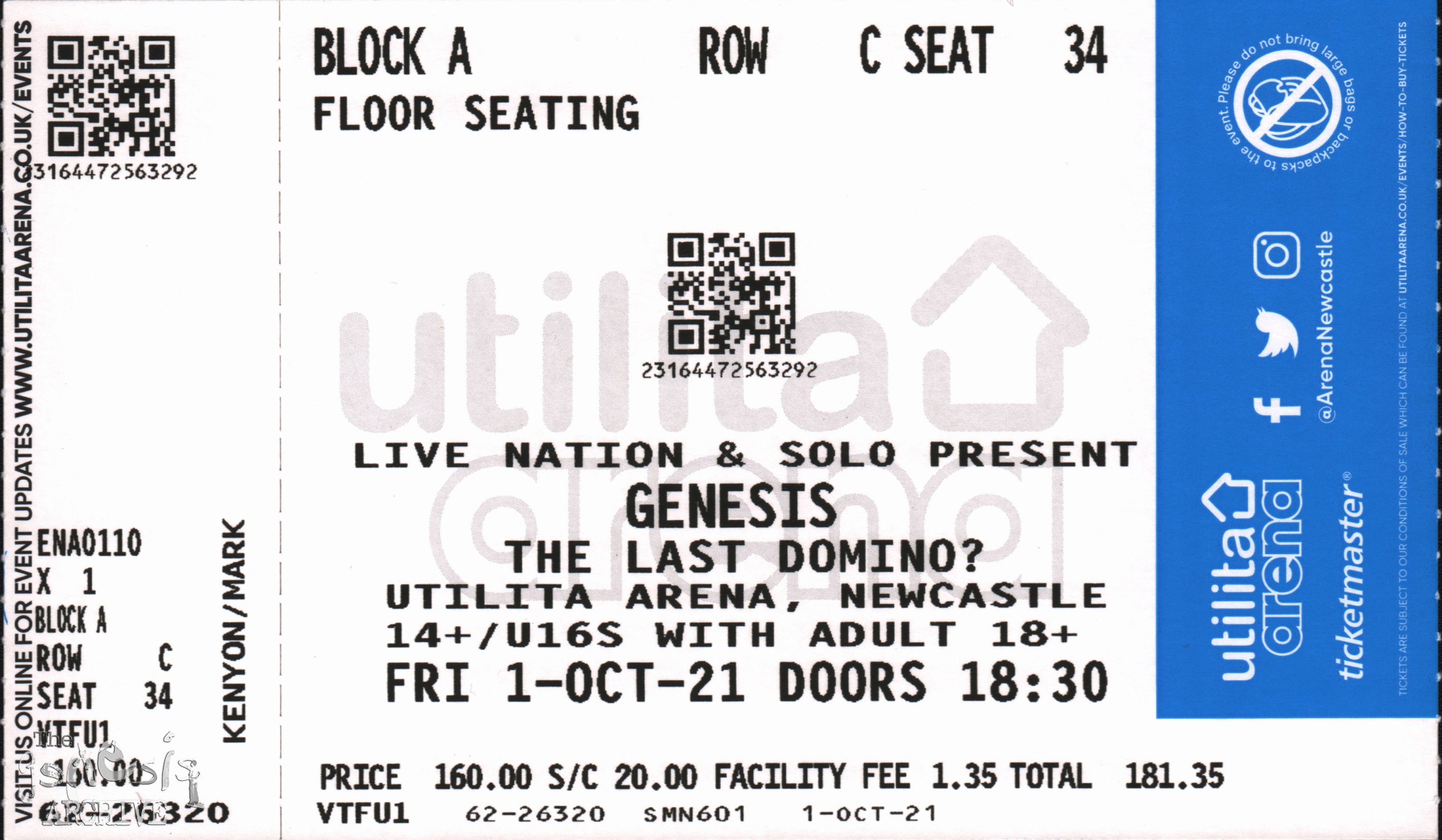 Ticket – Genesis – The Utilita Arena – Newcastle – 1st October – The