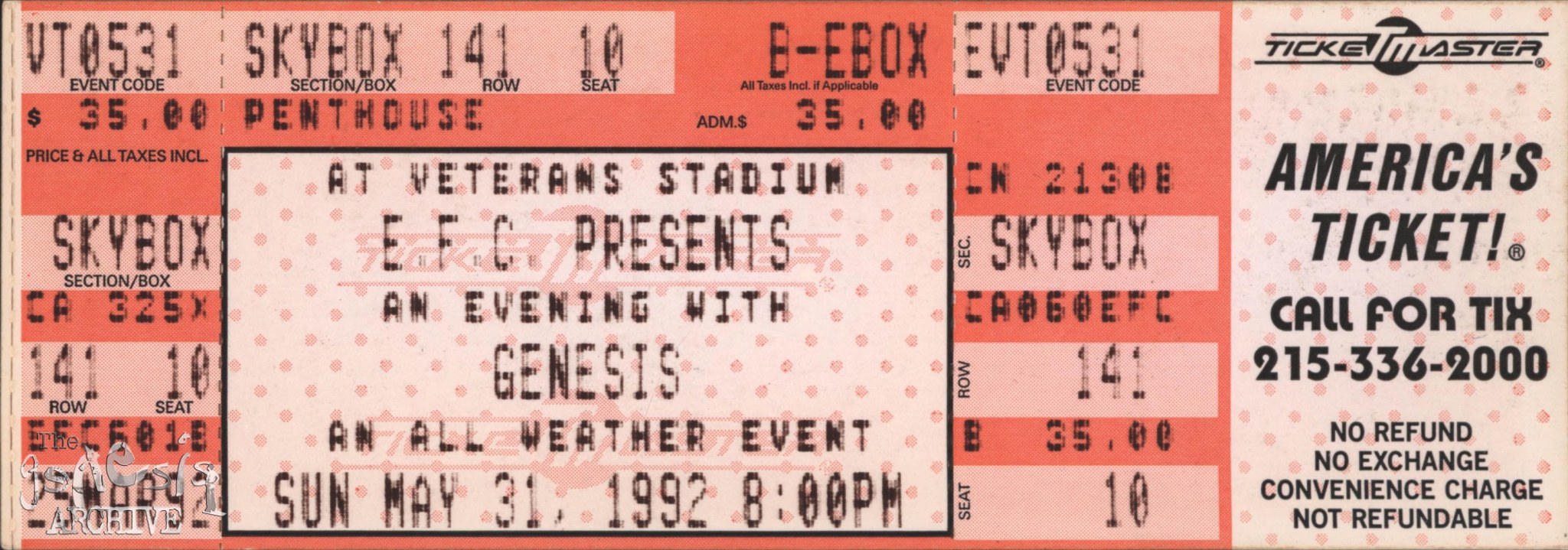 Ticket – Genesis – Veterans Stadium – Philadelphia – 31st May – The ...