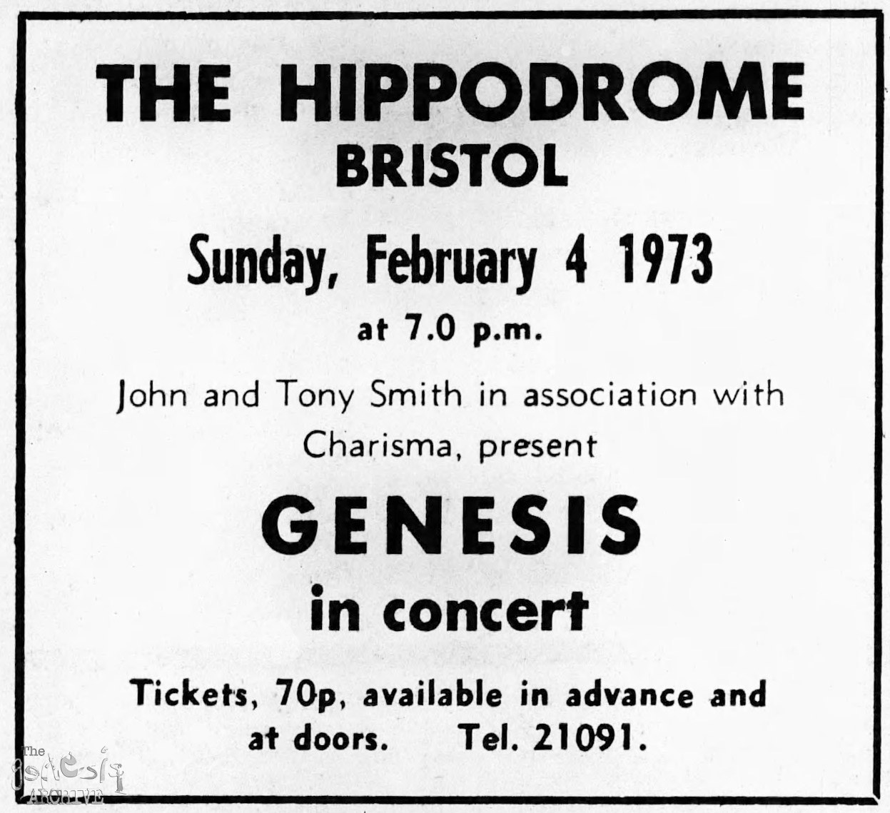 Concert advert Genesis The Evening Post Bristol 3rd February The Genesis Archive